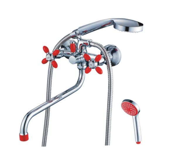 Смеситель для ванны настенный двуручный длинный излив цинк хром/красный CRON CN22127-6