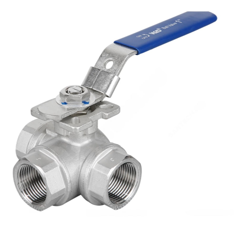 Кран шаровой нерж PTFE Ду8 Ру63 ВР/ВР трехходовой ручка-рычаг L-тип с ISO-фланцем 180С Benarmo