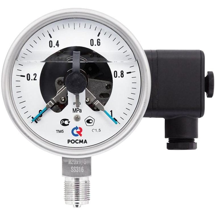 Манометр виброустойчив электроконтактный ТМ-521Р.03 радиальный Дк100 25МПа М20х1,5 200С кл.т.1,5 IP65 нерж Росма 00000012641