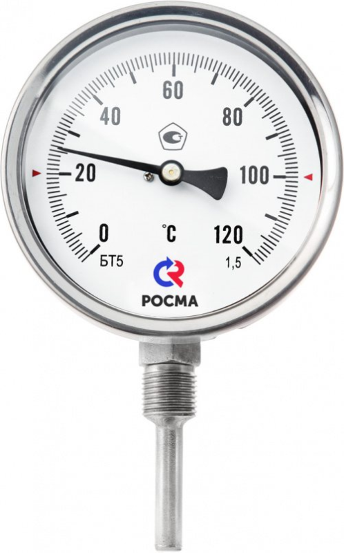 Термометр биметаллический БТ-52.220 радиальный Дк100 L=100мм М20х1,5 100С кл.т.1,5 коррозионност. б/гильзы Росма 00000040387